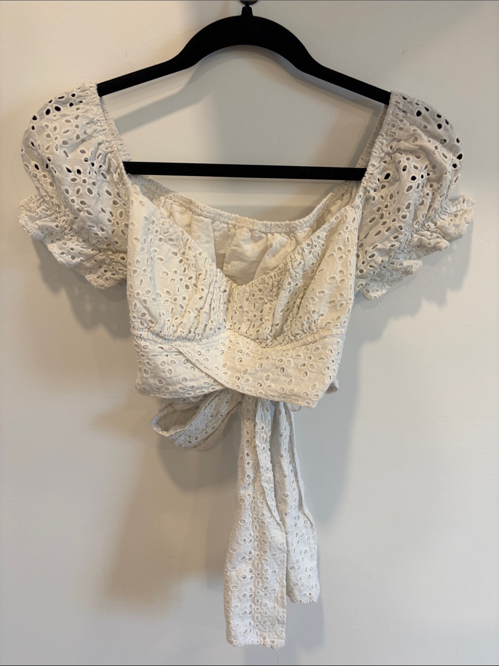 Eyelet Tie-Front Puff Sleeve Crop Top - White